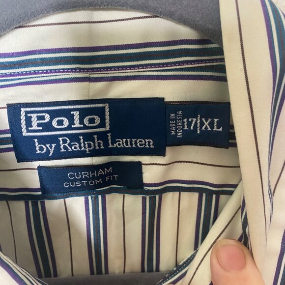 Polo Ralph Lauren Curham Custom Fit Dress Shirt Mens XL Blue Beige Striped Butto - Picture 3 of 10